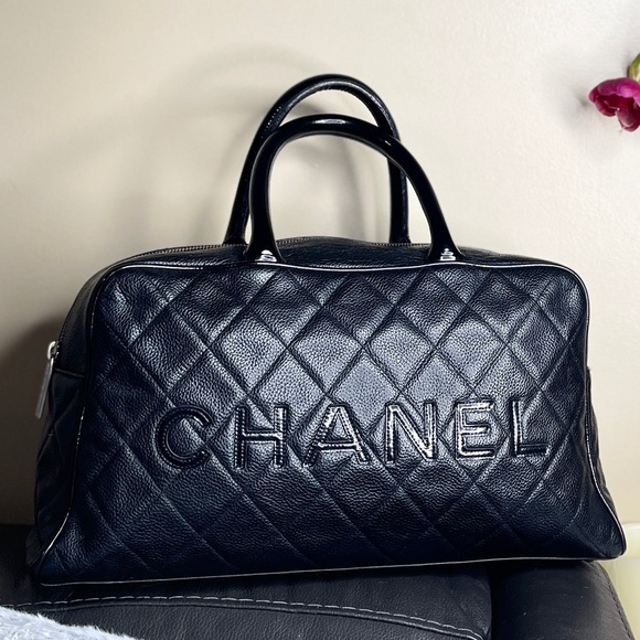 💯AUTH CHANEL LOGO SPELL OUT QUILTED CAVIAR MATALESE BOSTON BAG BLACK MEDIUM EUC - Picture 15 of 15